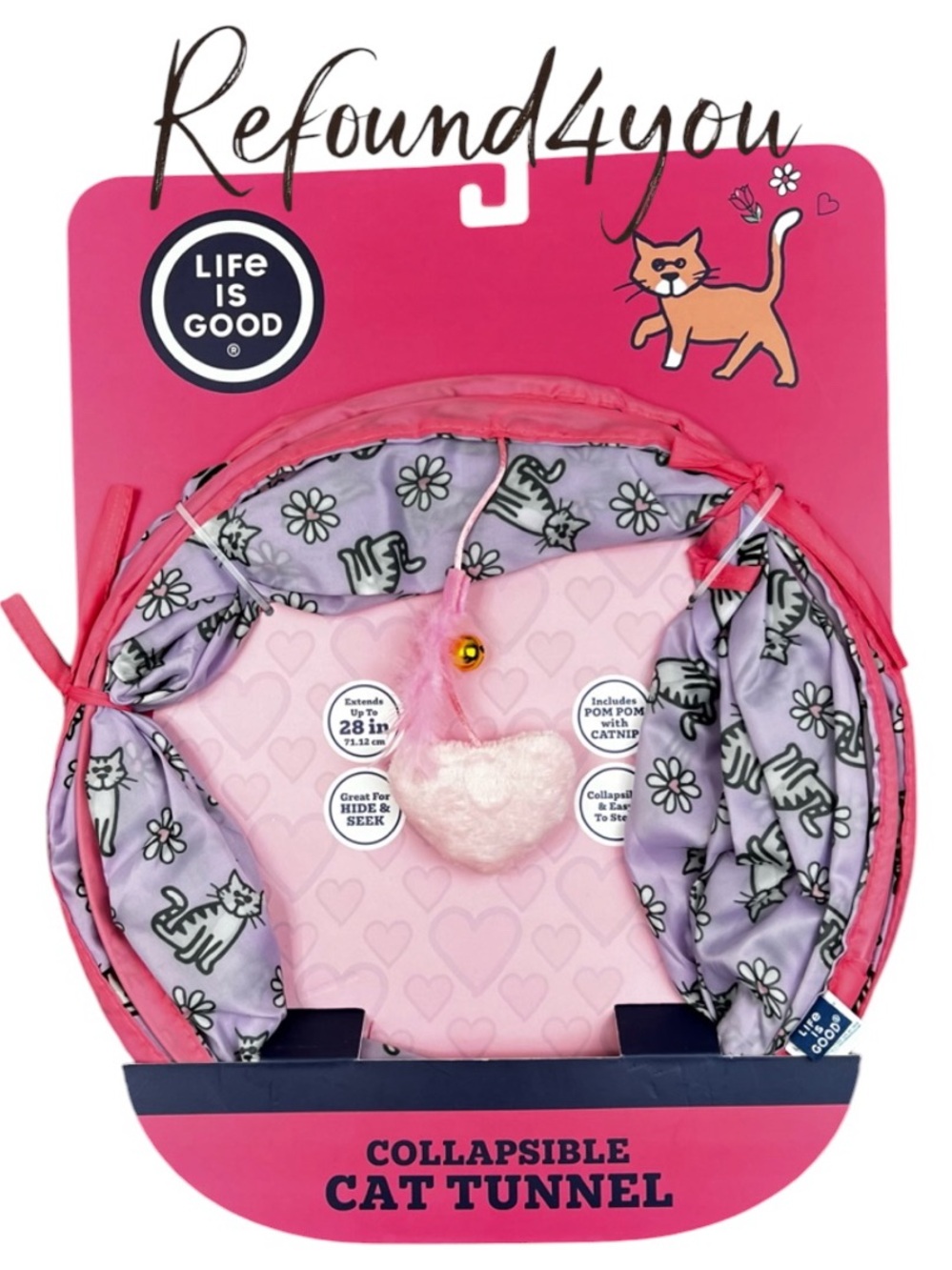 Life Is Good - ‘Daisy -Pink/Lavender’  Collapsible Cat Tunnel & Heart Toy. NWT.